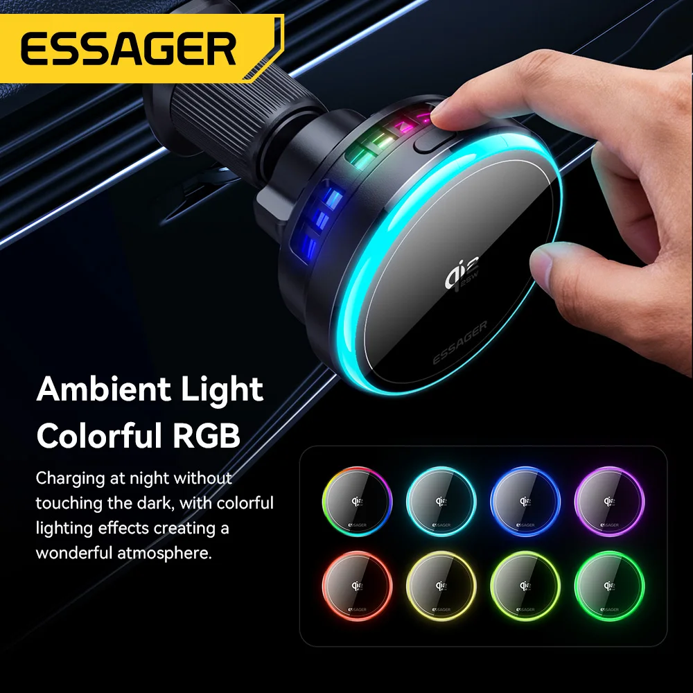Magnetyczna bezprzewodowa ładowarka samochodowa Essager 25W do Huawei Xiaomi iPhone 17 16 Pro MacSafe RGB, uchwyt samochodowy na telefon, stacja szybkiego ładowania — zdjęcie produktu 6