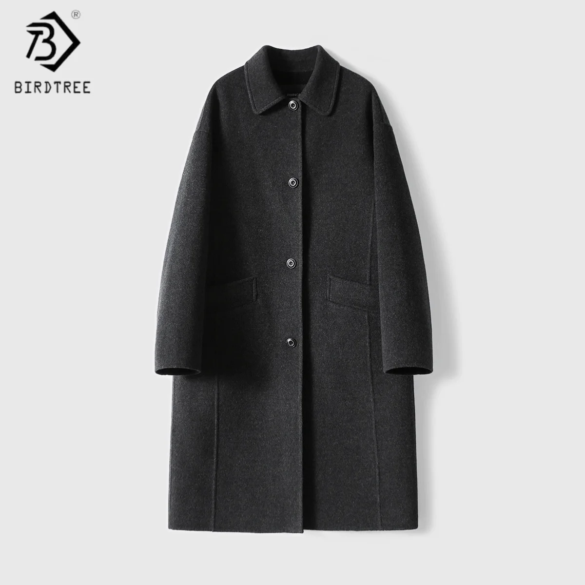 

Длинное пальто Birdtree из 100% овечьей шерсти, женское однобортное серое пальто с лацканами, теплые топы для поездок на работу, осенняя новинка 2023 года T5O521JF
