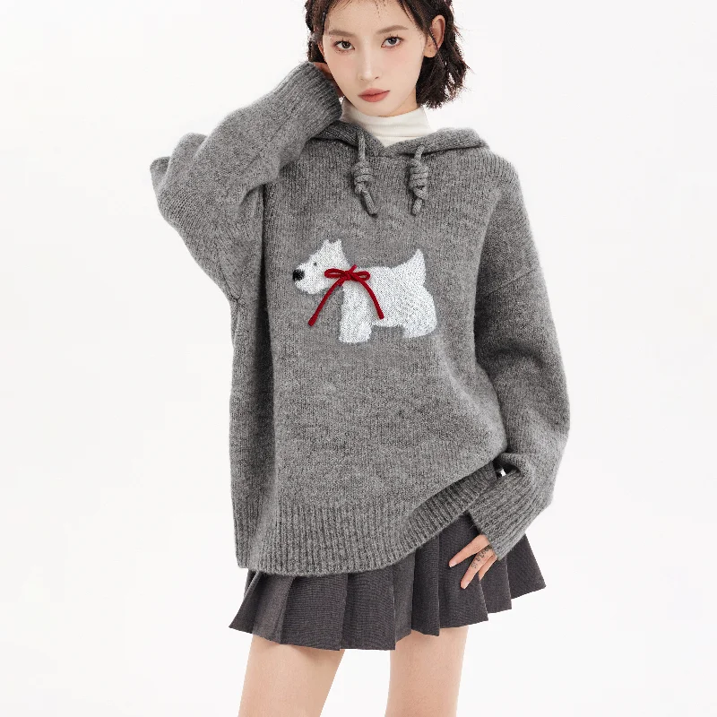 Hooded Pullovers Dog Printing Knitted Sweaters Autumn Winter Warm Tender Loose Casual Slouchy Designed Korean Style Fashion New