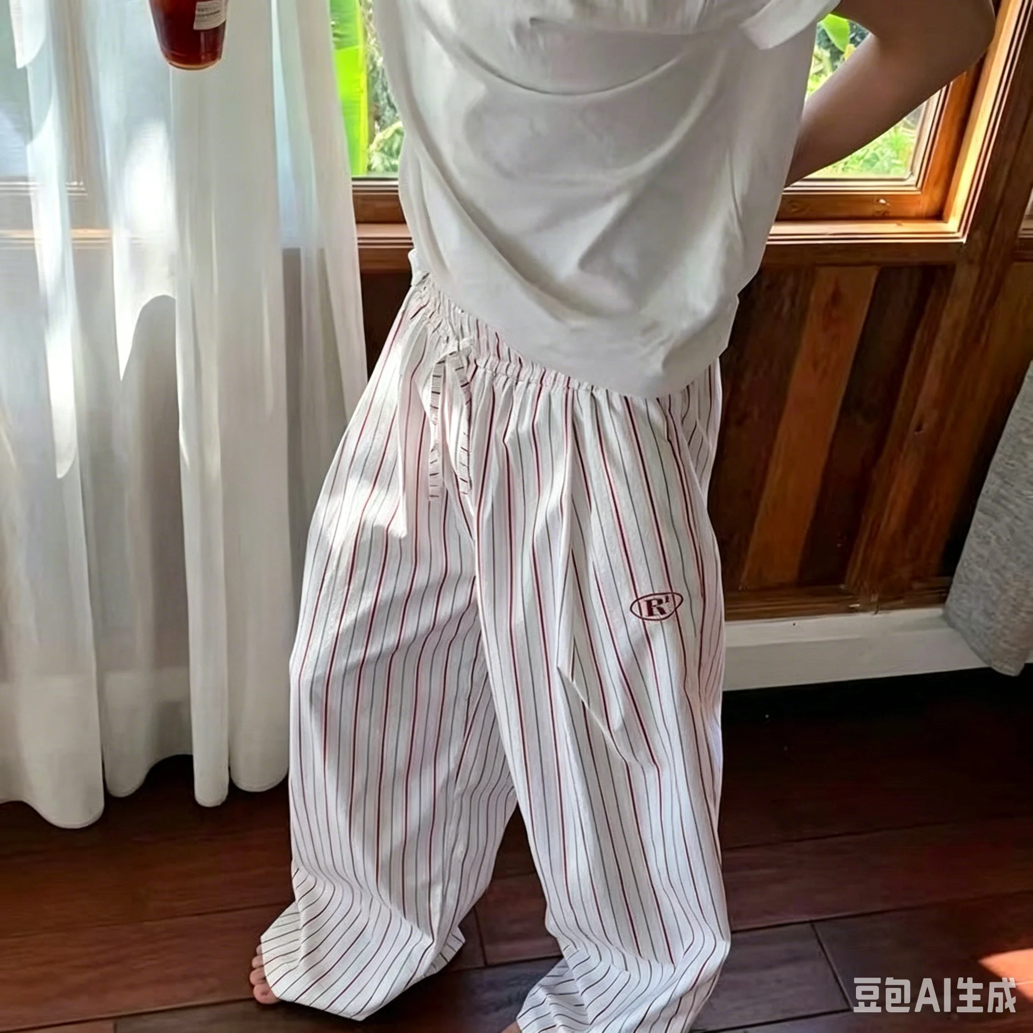 American Women Summer Vertical Striped Wide Leg Pants Elastic Drawstring High Waist Mini Embroidery Logo Loose Casual Trousers