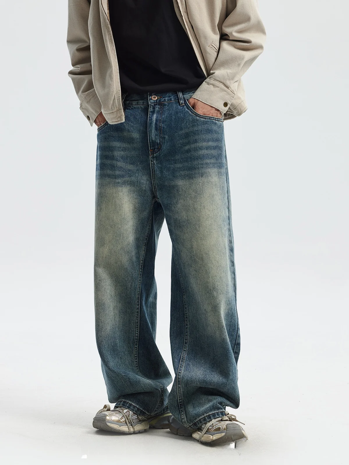 

American Retro Cleanfit Blue Jeans Men Loose Waed Straight Leg Casual Pants High Street Trend Brand Youth Cotton Denim