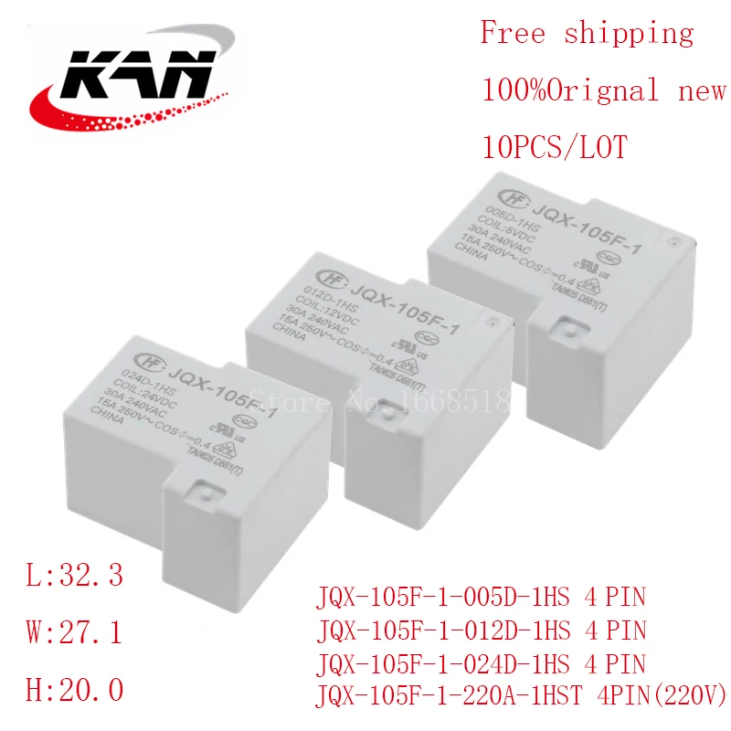 

10pcs relay JQX-105F-1-005D-1HS JQX-105F-1-012D-1HS JQX-105F-1-024D-1HS 5VDC 12VDC 24VDC 30A 250VAC 4PIN Original New