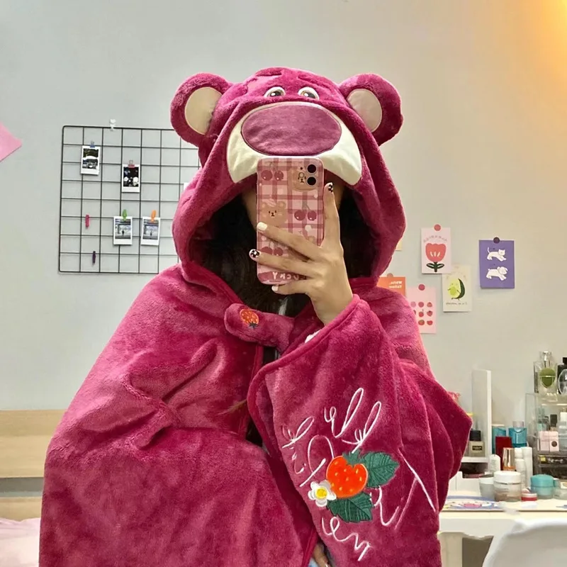 Disney Lotso Pooh Bear Anime Sweet Blanket For Women Sanrio Y2k Sleepwear Capes Warm Cloaks Hooded Cartoon Trend Ponchos Pajamas