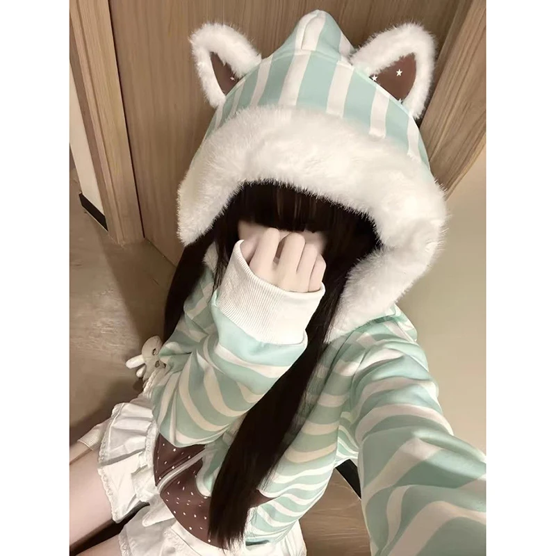 Women Cute Japan Hooded Sweatshirt Preppy Style Striped Spring Fall Warm Coat Long Sleeve Patchwork Lolita Loose Casual Top