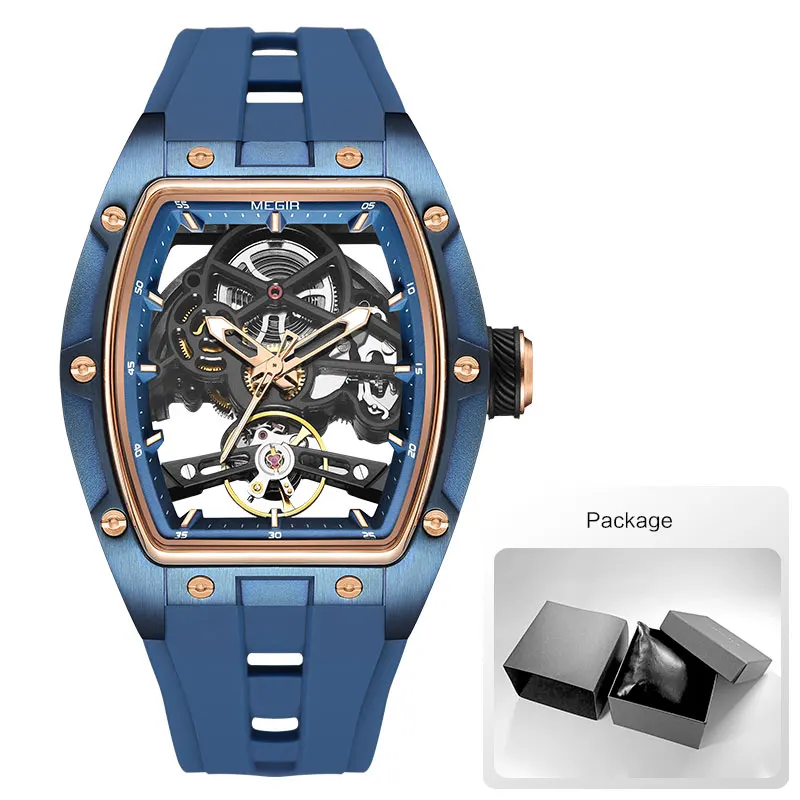 MEGIR 2242 Blue Automatic Watch for Men Sport Waterproof Stainless Steel Mechanical Wristwatch with Silicone Strap Skeleton Dial