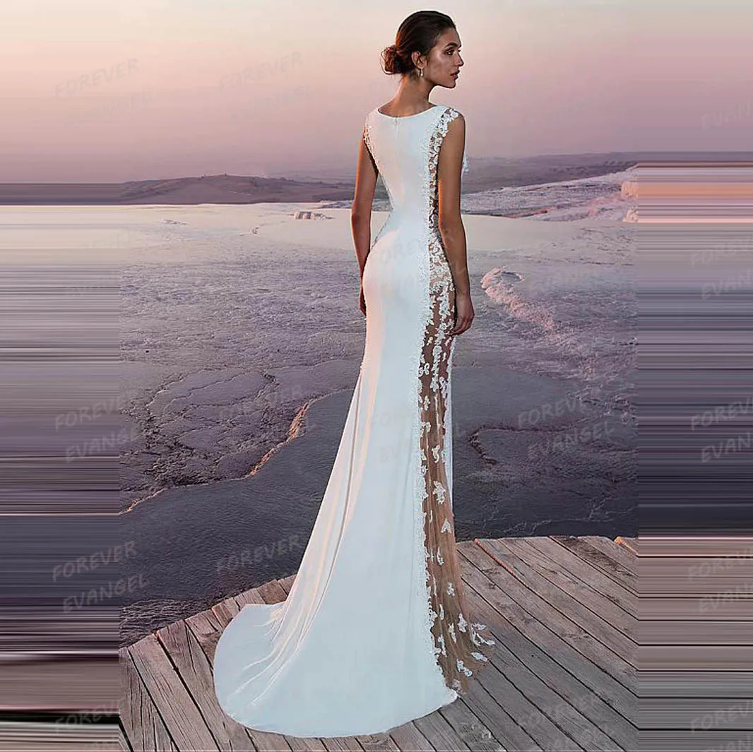 Eenvoudige Zeemeermin Trouwjurken Dames Applicaties Mouwloze Bruidsjurken Satijn Vestidos De Novia Aangepaste فساتomo Musta-2011