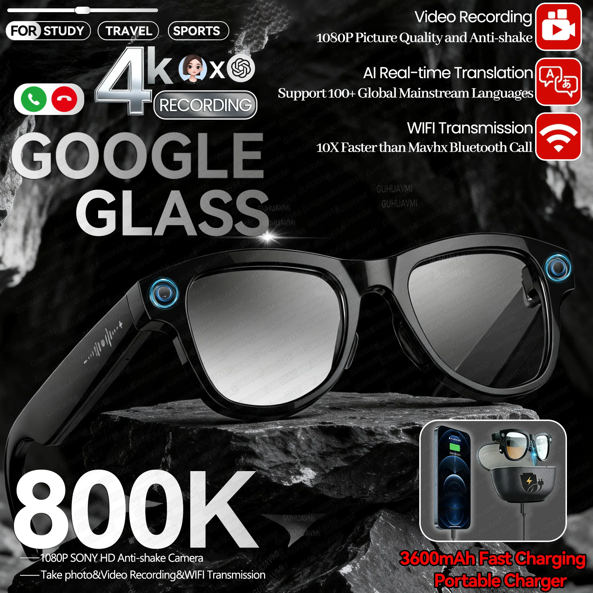 

2026 Новая камера 800 Вт, портативное зарядное устройство 3600 мАч, умные очки, 100 + языковой перевод, Bluetooth-вызов, музыкальный плеер, очки для чата с искусственным интеллектом