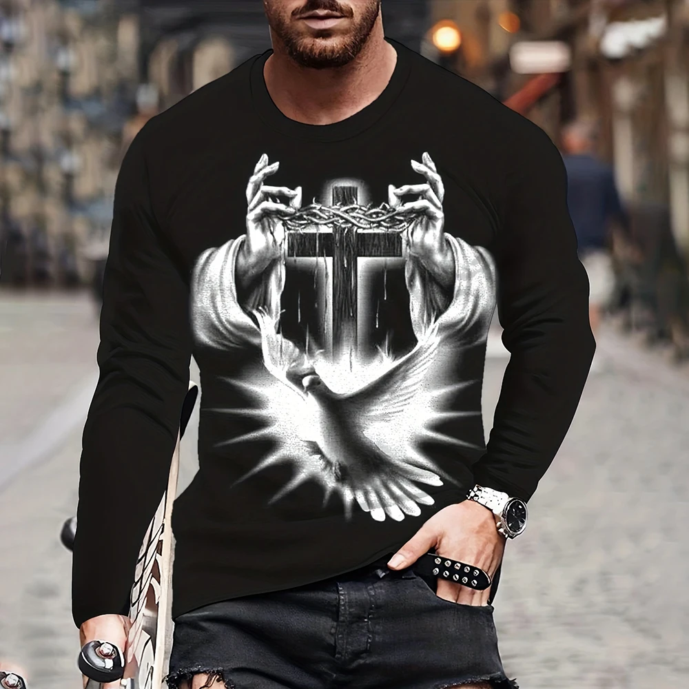 

Fashion Jesus Cross Graphic T Shirt For Men 3D Lion Printed Long Sleeve Tee Casual Loose O-neck Top Street Harajuku Y2k Clothes