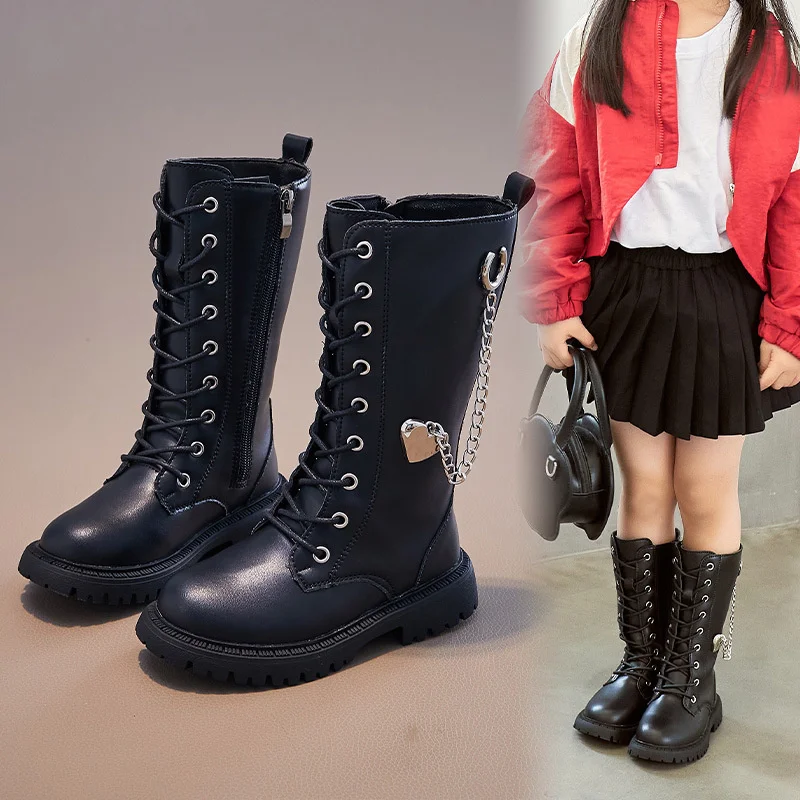 Solid PU Leather Children Fashion Boots Metal Heart Zipper Mid Calf Girls Shoes Spring Autumn Anti Slip Kids Long Boots