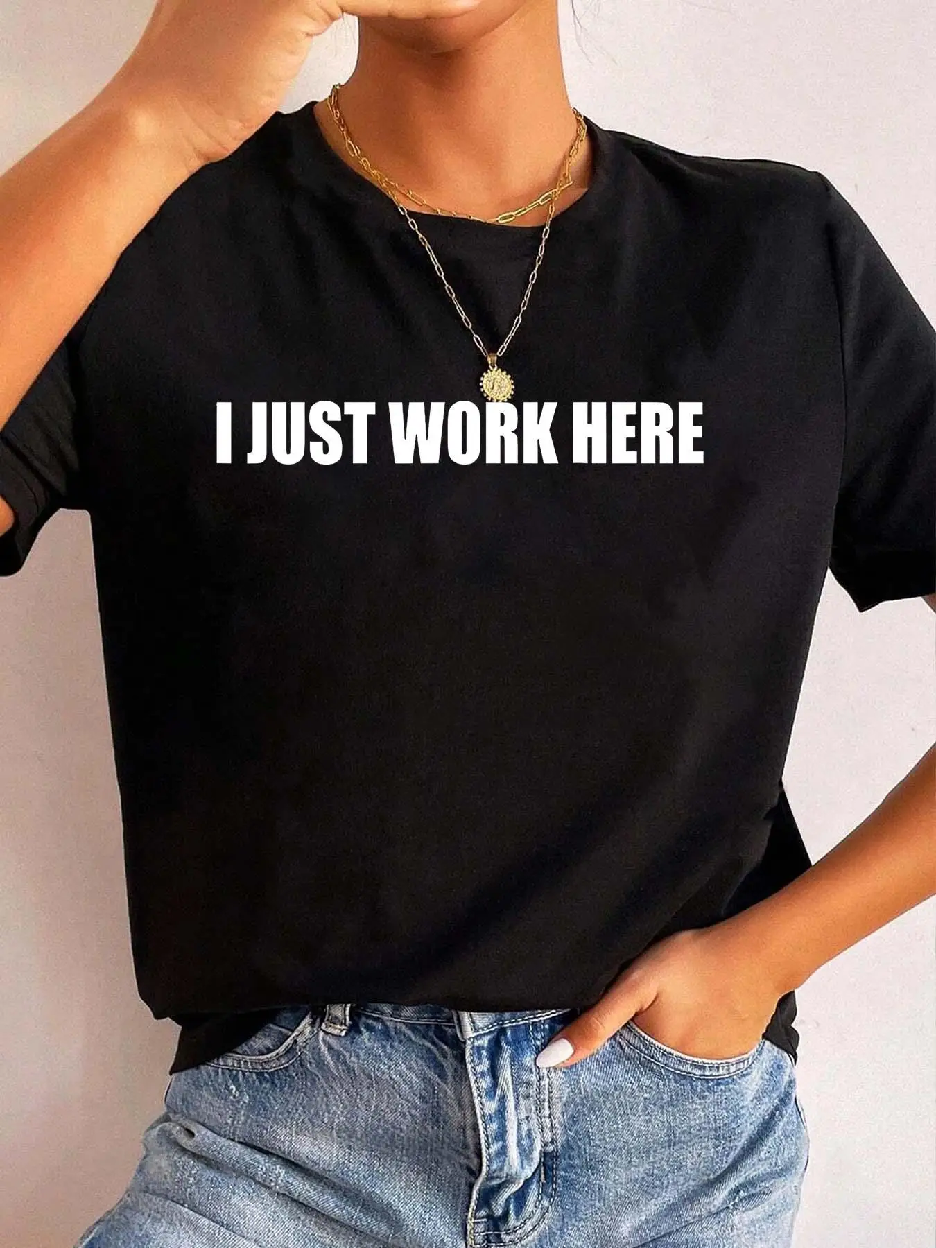 I Just Work Here Funny Server Job T Shirt Women Graphic Tee Casual Crew Neck Short Sleeve Top Comfortable Knit Regular Fit