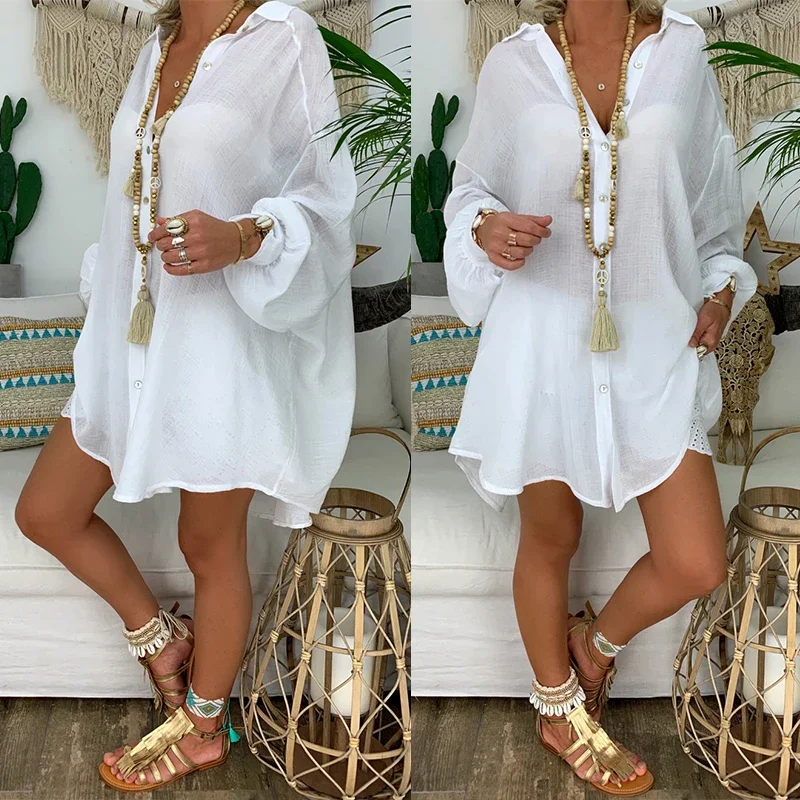 New Loose Women Cover Ups Swimwear White Beach Dress Cotton Beach Kimono Coverups for Women Swimsuit Cover Up Beach Woman