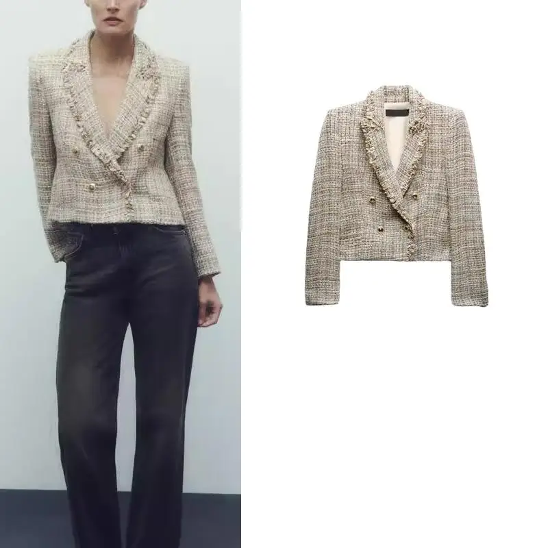 Jesień Zima Nowości Damski Płaszcz Garniturowy Dwurzędowy Zapinany na Guziki Postrzępiony Kołnierz Krótki Płaszcz w Stylu Little Black Dresowy Długość do Kolan Czysty C...