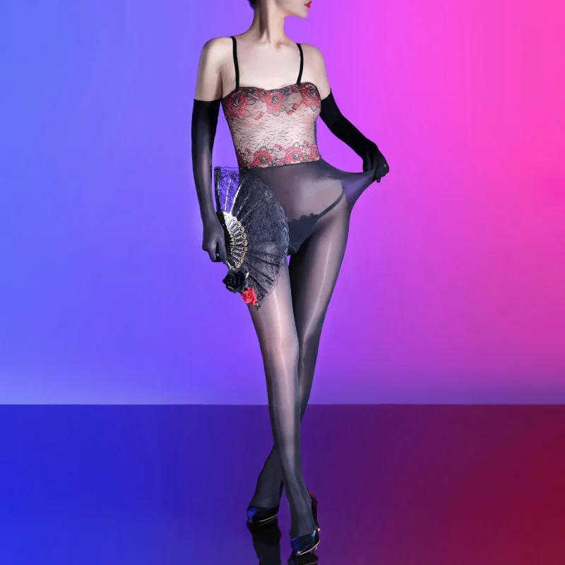 Donne Sexy Tubo Top Bretelle Bodystockings Moda Patchwork di pizzo Olio lucido Calze Ultra sottile trasparente con apertura sul cavallo Tuta