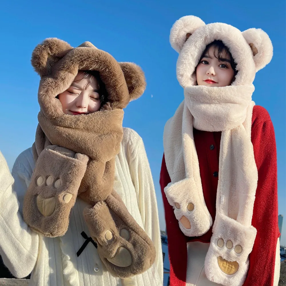 

Cute Teddy Bear One-piece Hat Warm Neck Warmer Scarf Hood for Women in Autumn and Winter Gloves Earmuffs, Fashionable Fluffy Hat