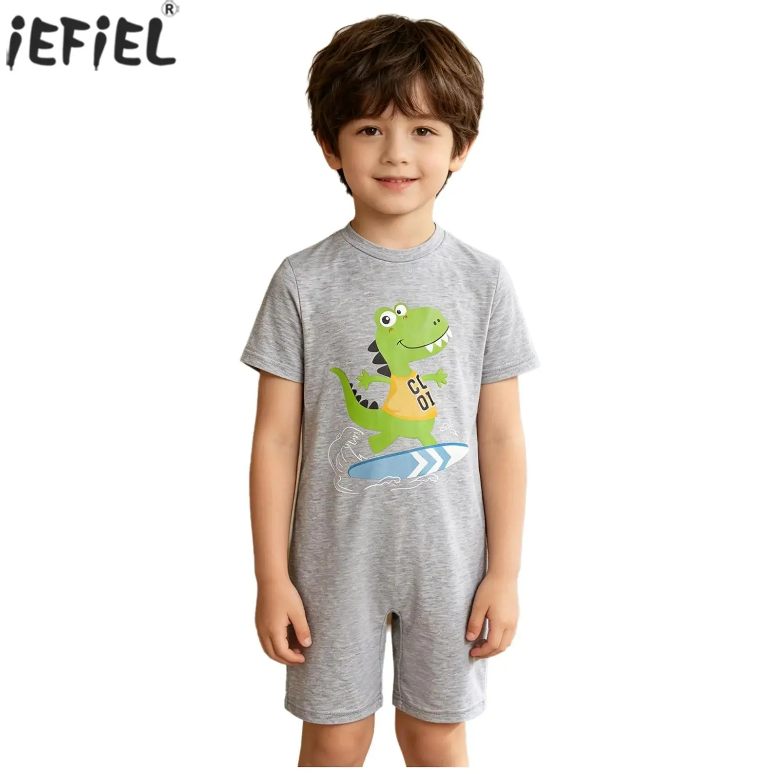 Kids Boys Special Needs Adaptive Clothing Cartoon Dinosaur Printed Jumpsuit Short Sleeve Zipper Anti-Strip Rompers Activewear