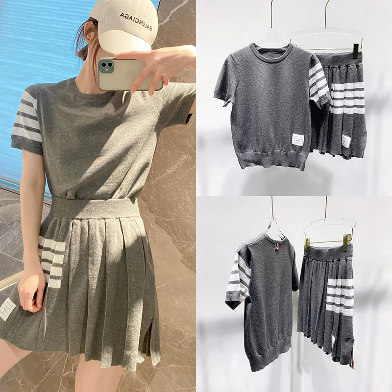 High Quality Korean Fashion TB Striped O-neck Short Sleeved T-shirt Women's Slim Pleated Skirt Office Casual Two-piece Set