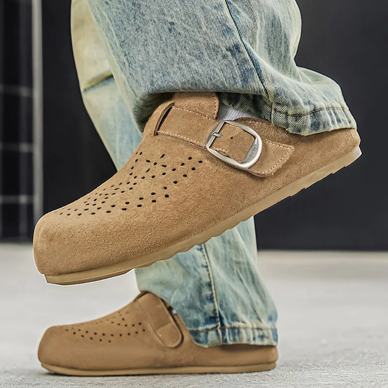 Men's Breathable Leather Mules Slip-On Flats Driving Shoes Casual Summer Sandals Lightweight Backless Loafers Outdoor Footwear