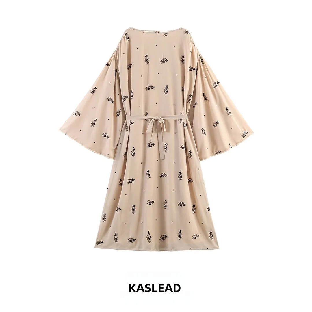 

KASLEAD New Women's Fashion Design Sense Sparkling Embroidery Dress High Waist A-Line Skirt Polyester Fiber Bell Sleeve Dress