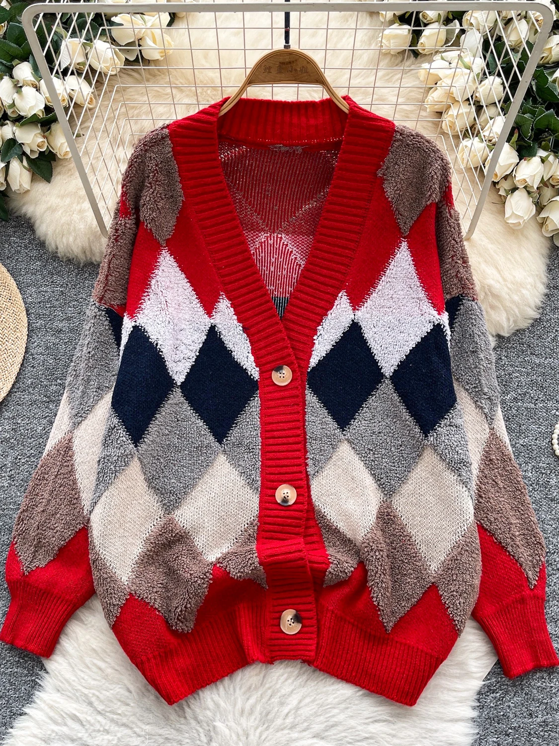 

Korean Sle Printed Knitted Sweater Women's Winter Mid-Length Loose Meat-Covering Lazy Loose Feeling Top Trendy