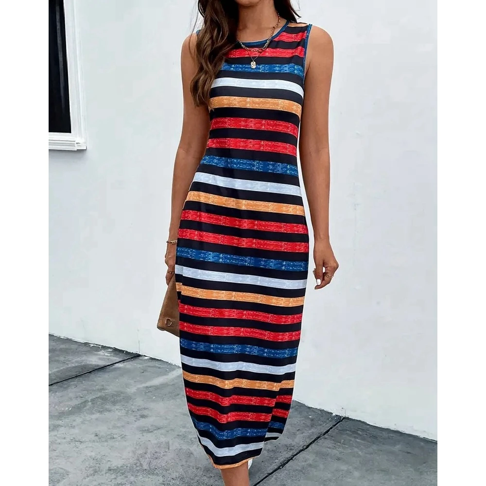 2024 Summer Women Corlorful Striped Print Sleeveless Tank Dresses for Women Casual Straight Maxi Dress Side Split Party Dresses