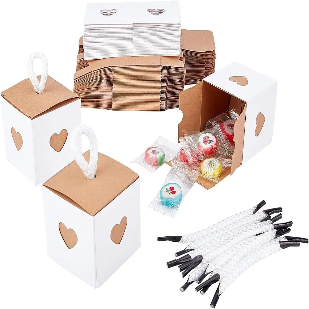 60 Pcs Kraft Paper Box Mini Square with Heart Window Packaging Box Small Gift Wrap Boxes with Nylon Cord for Wedding Party