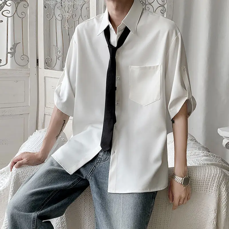 Summer Short Sleeved Shirt Men Fashion Society Mens Black Dress Shirt Korean Loose Casual White Shirt Mens Office Formal Shirts