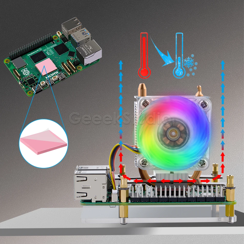 ICE-Tower Cooler CPU RGB LED Light Cooling Fan for Raspberry Pi 5