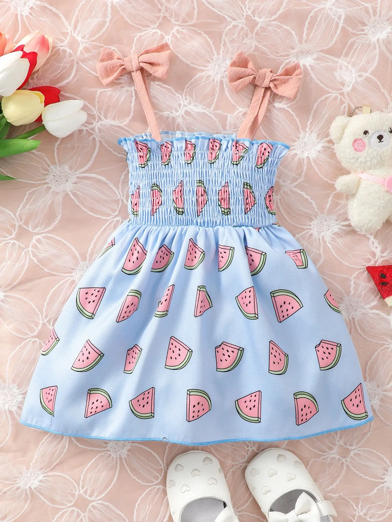 Summer Baby Girl Suspender Dress with Watermelon Print Stretch Dress Suitable for 0-3 Years Old Cute Baby Girl Casual Dress