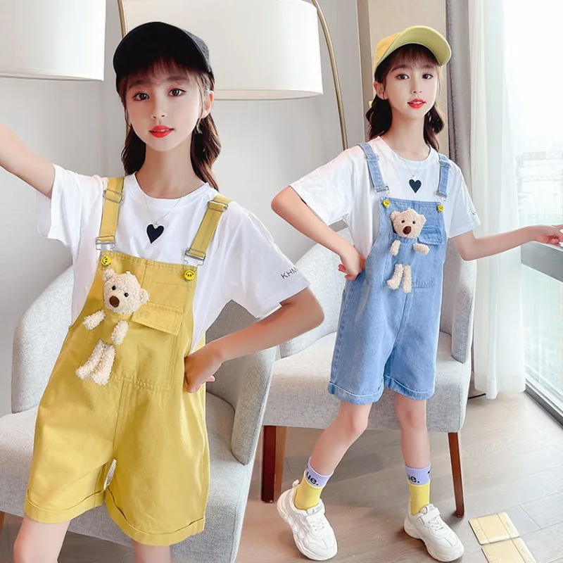 Candy Colored Overalls for Girls Summer High Waist Shorts Kids Clothing Casual Teenage Children Wear Rompers Jumpsuits with Bear