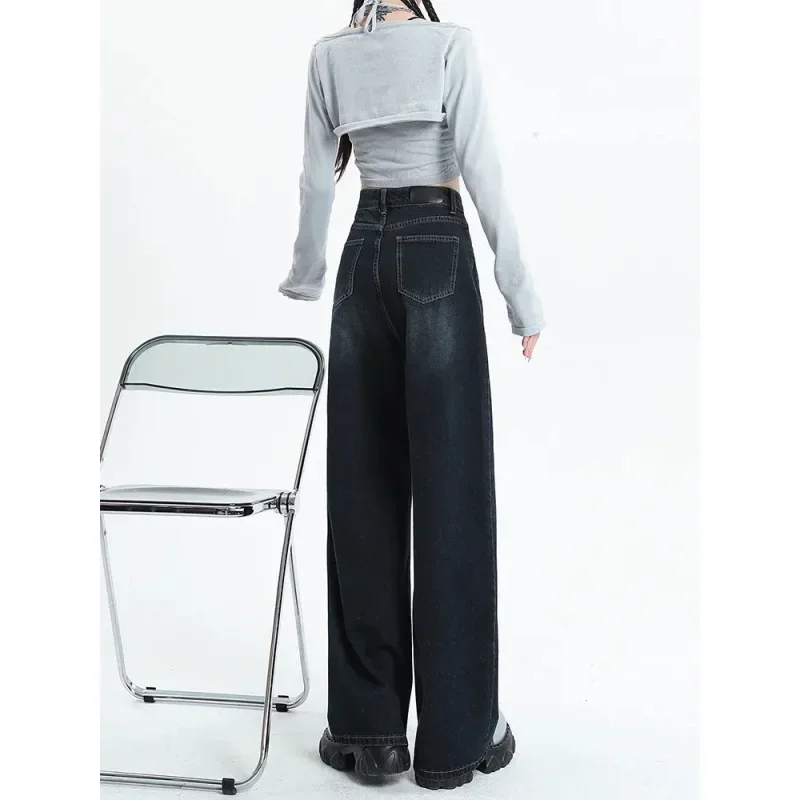 Loose-Fit High-Waisted Straight-Leg Denim Jeans Black Grey Autumn Style American Style Wide-Leg Dragging Pants From China