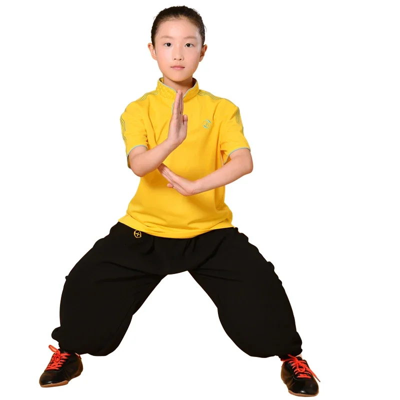 Summer Breathable Short Sleeve Kung Fu T Shirt Wing Chun Training Sport Tops Martial Arts Taichi Uniform Adult Child Suit