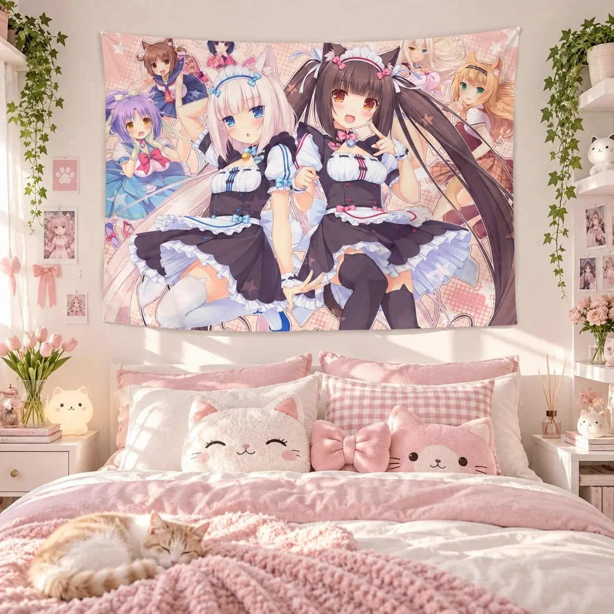 1pc Nekopara Anime Tapestry Charming Maid Characters Polyester 2D Print,For University Dormitories, Bedrooms, Living Rooms