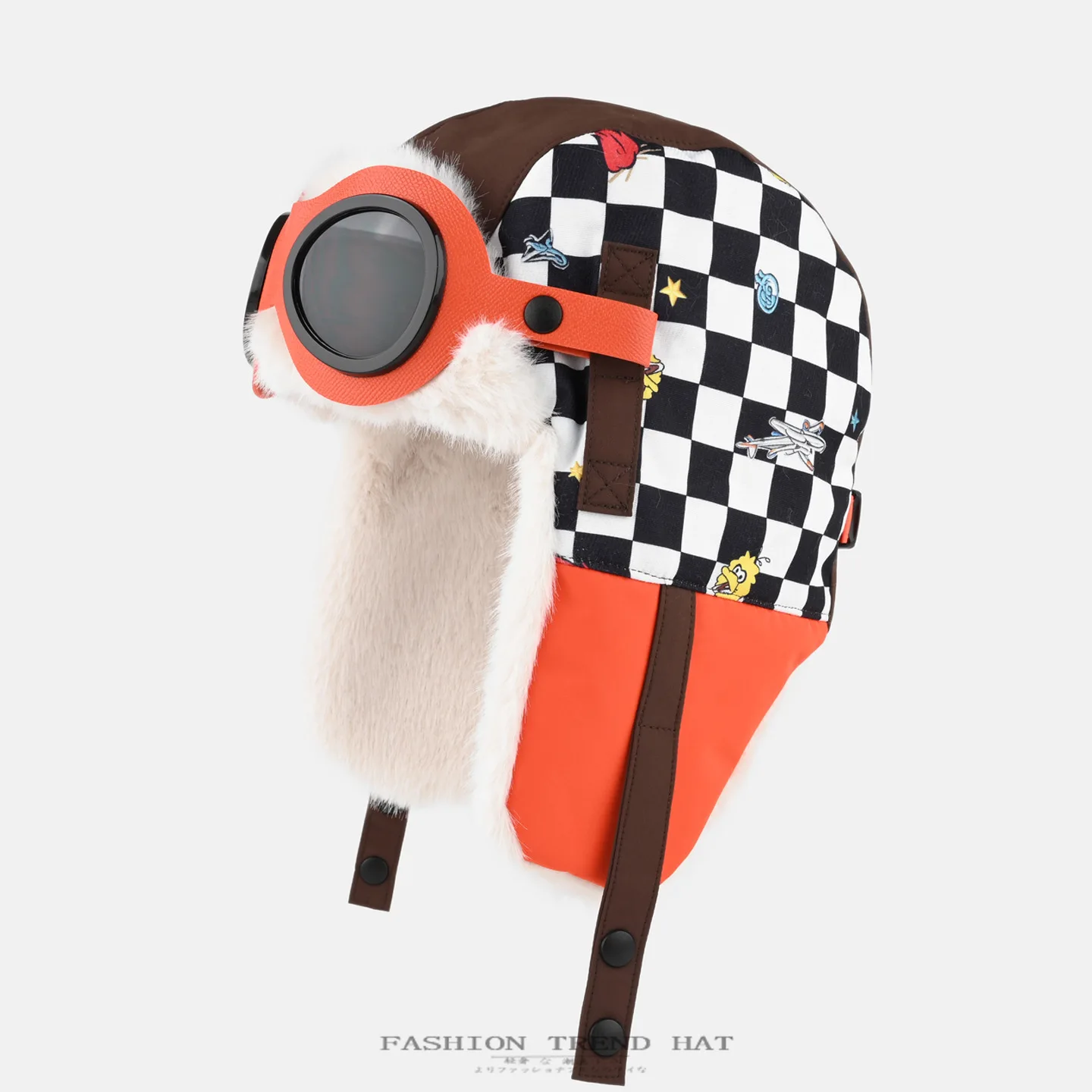 Checkered Pilot Trapper Hat With Goggles Faux Fur Lined Winter Earflap Hat Fashion Color Block Warm Trooper Cap