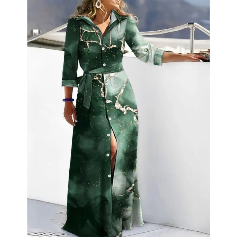 2024 Spring New Fashion Long Sleeved Print Lace-Up Shirt Dress For Women Turn Down Collar Single Breasted Maxi Dress Femme Robe