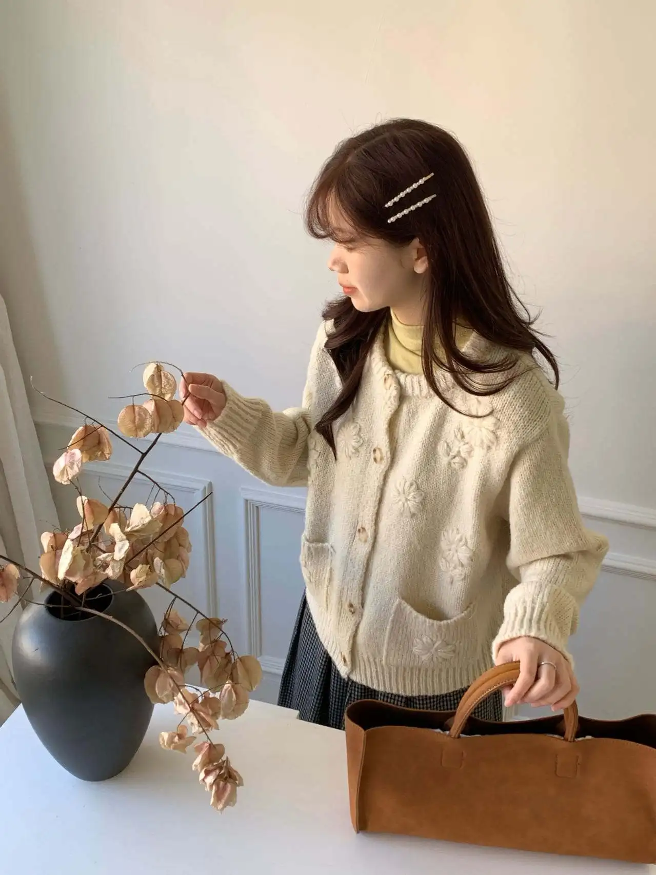 Handbestickter Blumenpullover Jaet Thi Yarn Knitted n Sle Damen Loose Fit Long Sve Warmer Mantel für Herbst W...