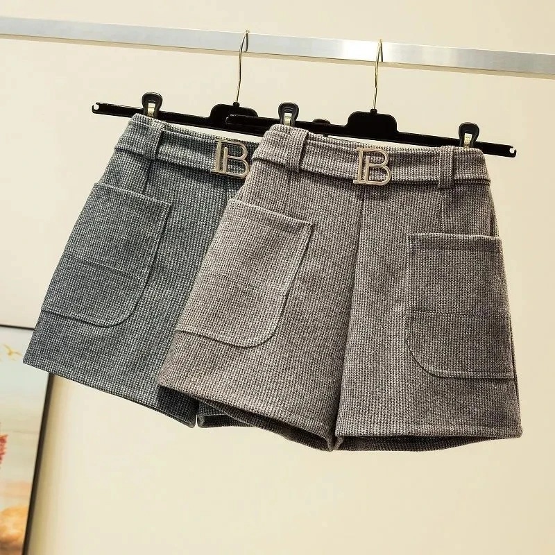 

Шерстяные шорты серого и кофейного цвета для женщин, осень-зима, широкие брюки с высокой талией, свободные шерстяные ботинки, брюки для верхней одежды