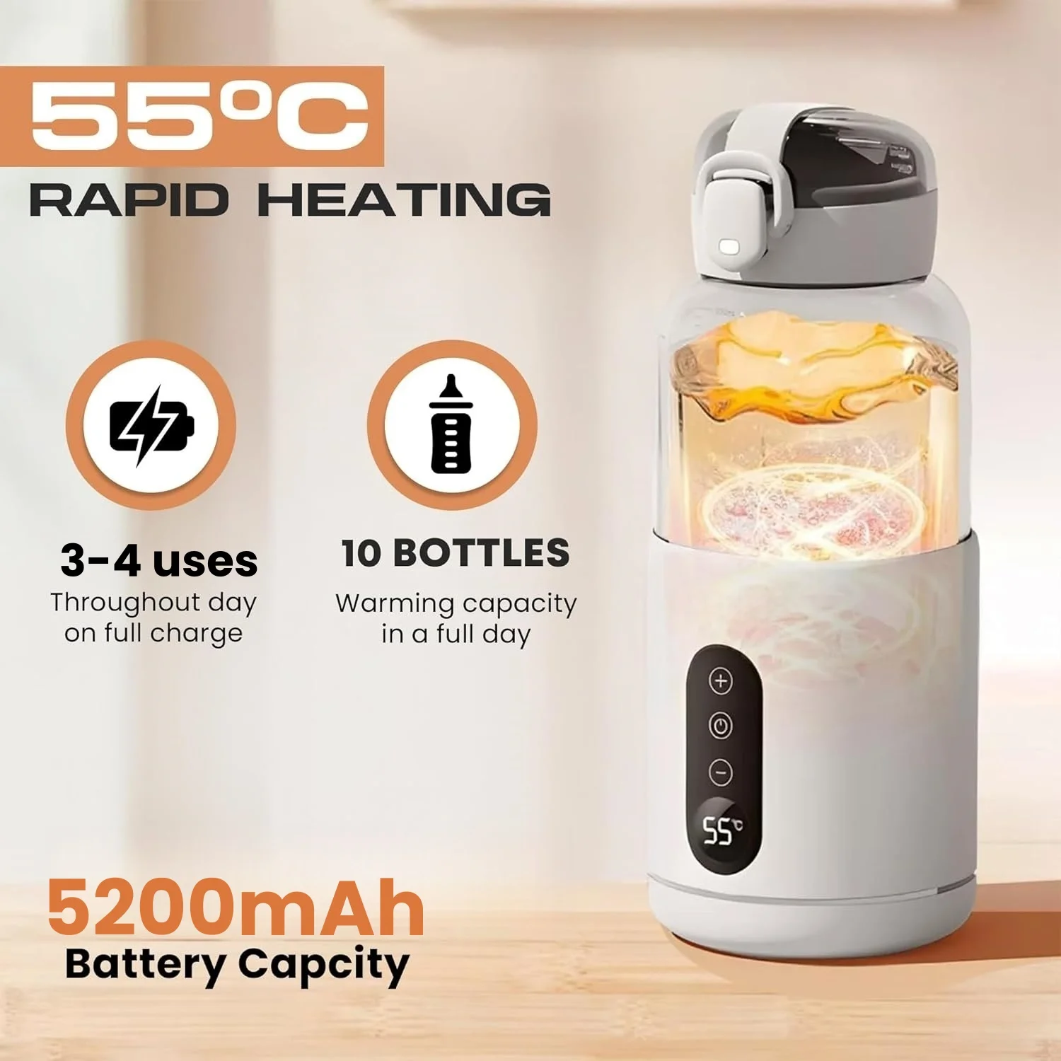 Calentadores de biberones portátiles recargables 37-55 ℃   Calentador de botellas eléctrico inalámbrico de agua y leche de calentamiento rápido ajustable en la marcha