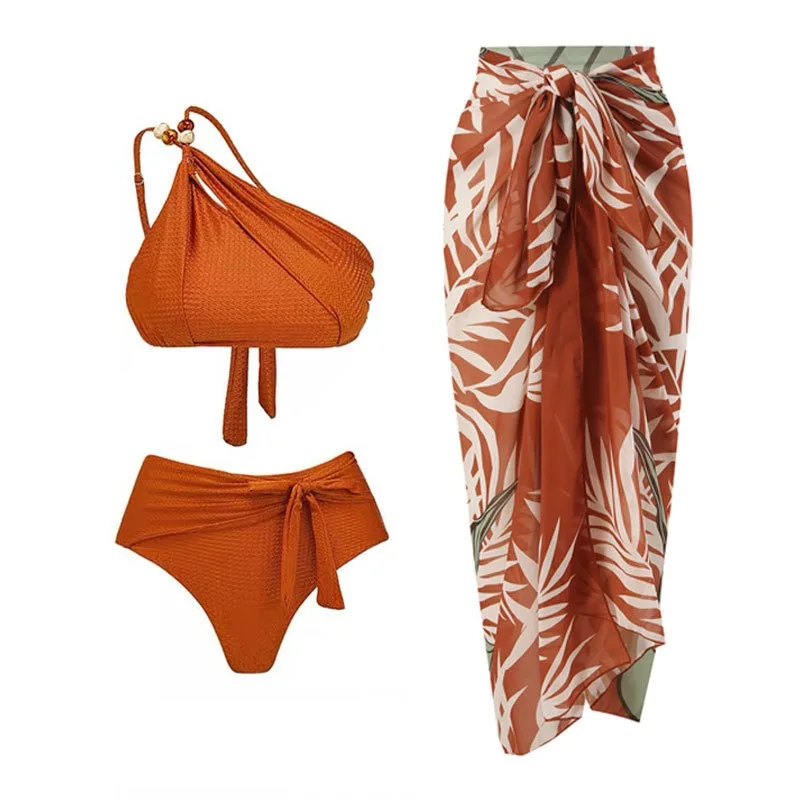 

Women Beading Decor Split Swimsuit Chiffon Print Long Skirt Summer 2025 Three-piece Bikini Set