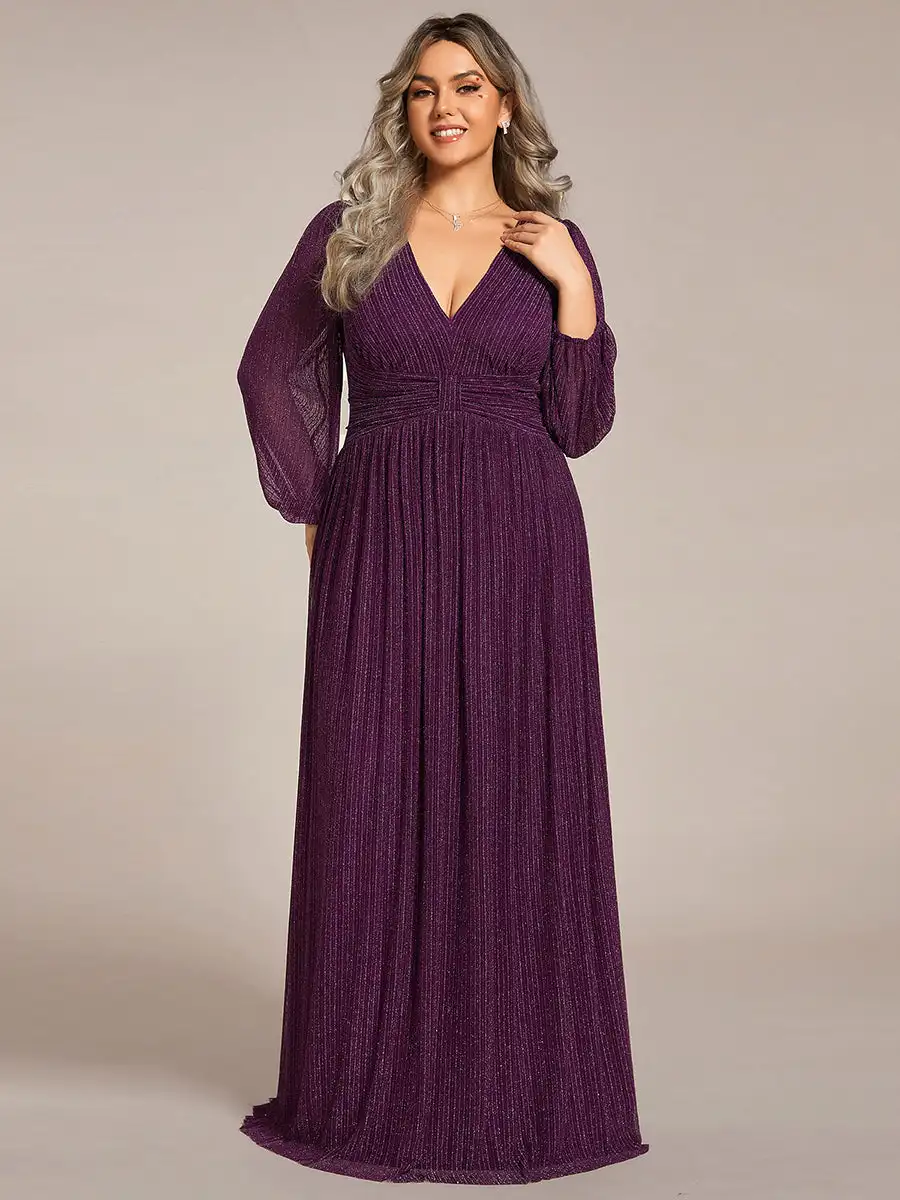 

Plus Size Evening Dress Deep V Neck with Long Sleeves Slimming pleats 2024 BAZIIINGAAA of Purple Wisteria Bridesmaid Dress