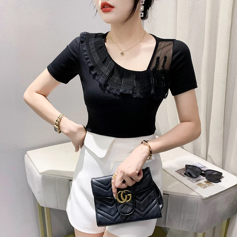 

Black Summer Korean Style Cotton T-Shirt Women Chic Sexy Skew Collar Spliced Ruffles Tops Short Sleeve Casual Tees New 432921