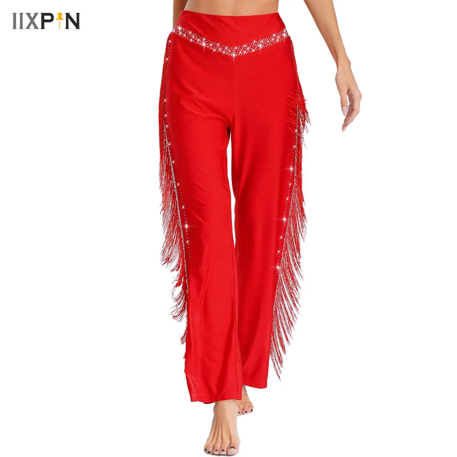

Women Latin Dance Pants Elastic Waistband Tassels Shiny Rhinestones Pants for Salsa Cha-Cha Jazz Competition Performance Costume