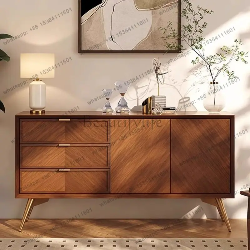 Mid-Century Solid Wood Retro Sideboard, Living Room Wall Storage, Modern Simple Herringbone Pattern Storage Cabinet