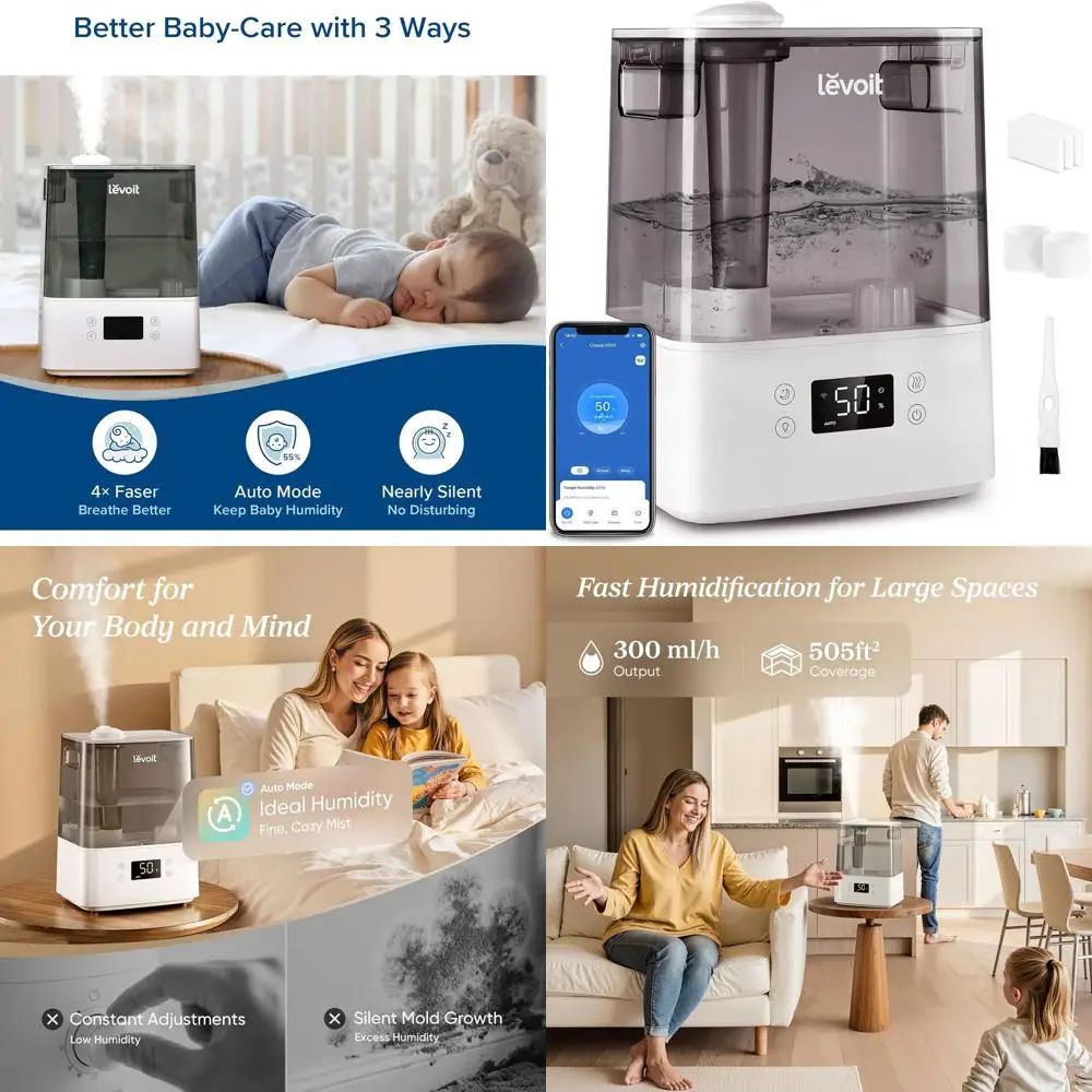 

Увлажнитель воздуха с холодным туманом 6 л для больших помещений, с верхней заливкой, диффузор для эфирных масел, управление через приложение/голосовое управление, автоматический режим, бесшумный режим сна