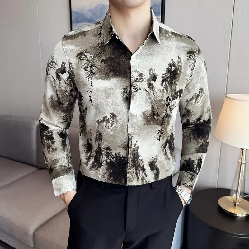 Chinese Style Men's Shirt 2024 Autumn Long Sleeve Casual Shirts Ink Print Business Social Men Clothing Slim Social Party Blouse