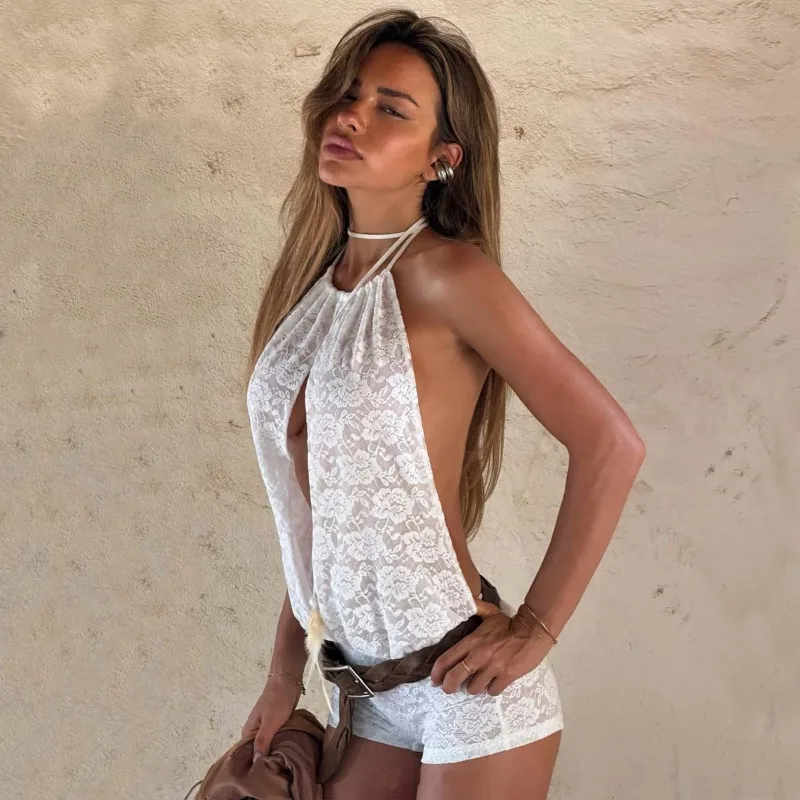 Lace Skinny Bodysuit, Hollow Halter Big Open Back Slim Fit for Women, Sexy Night Out Romper