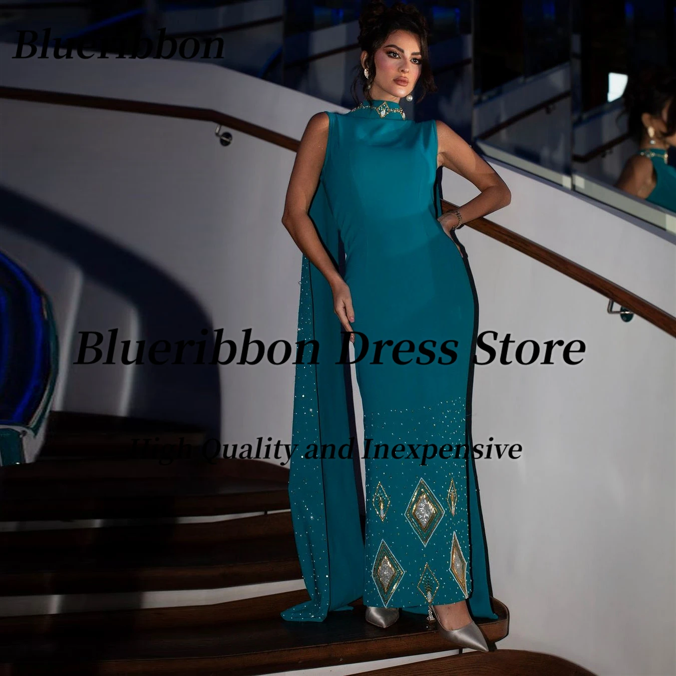 فساتين سهرة فاخرة من Blueribbon للنساء مخصصة مطرزة بياقة عالية يلتف في دبي فستان طويل للحفلات الراقصة #1