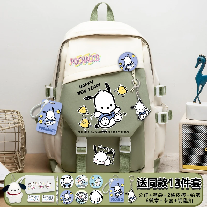 Pack Badge Set Cachorro Pochacco com Dor, Mochila Cartoon, Bolsa de Ombro para Estudantes, Mochila de Armazenamento Grande