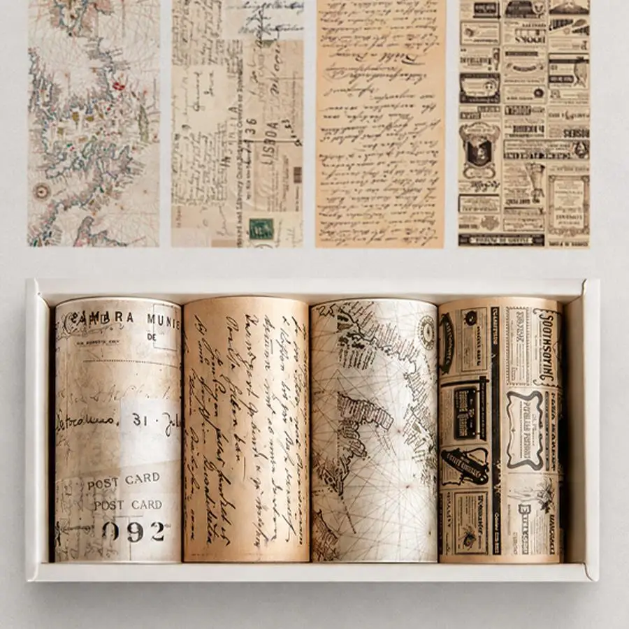 2/4 Rollen antikes Brief- und Weltkarten-Washi-Tape, Design im Stil alter Zeitungen, leicht reißbar, selbstklebend, für Journal-Collage-Dekoration XJM