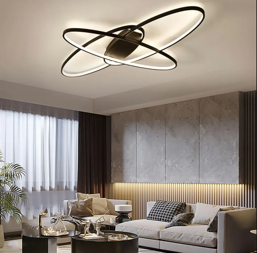 Modern Black/White 3 Staggered Long Ellipses LED Ceiling Light with Remote Control for Dining Room Bedroom