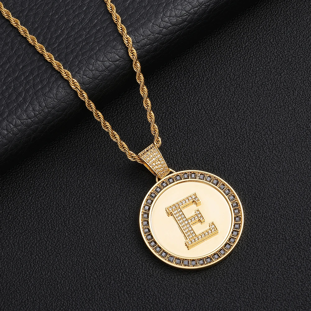 Iced Out Round Initial E Letter Medallion Pendant Black Moissanite Border Golden Yellow CZ Alphabet Charm Hip Hop Men Necklace